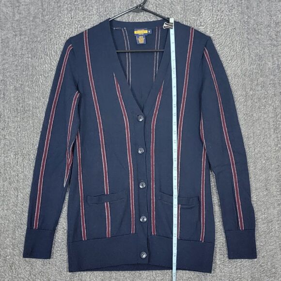 Ralph Lauren Rugby Cardigan Sweater Womens Small Blue Striped 100% Merino Wool - Picture 3 of 12